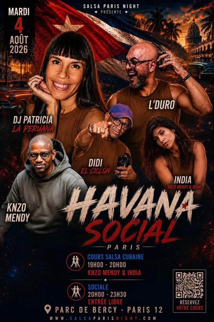 Havana Social Paris — Mardi 4 août 2026, Parc de Bercy Paris 12e : cours Salsa Cubaine 19h-20h avec KNZO Mendy & India, sociale gratuite 20h-23h30, DJs Patricia La Peruana, L'Duro, Didi El Ciclón
