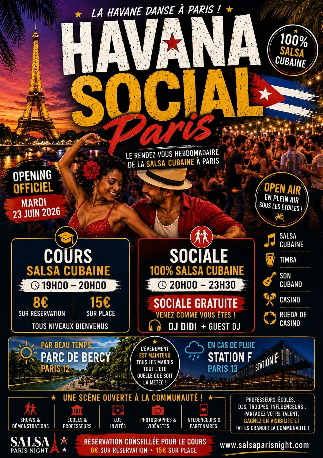 Havana Social Paris — Mardi 1 septembre 2026, Parc de Bercy Paris 12e : cours Salsa Cubaine 19h-20h avec KNZO Mendy & India, sociale gratuite 20h-23h30