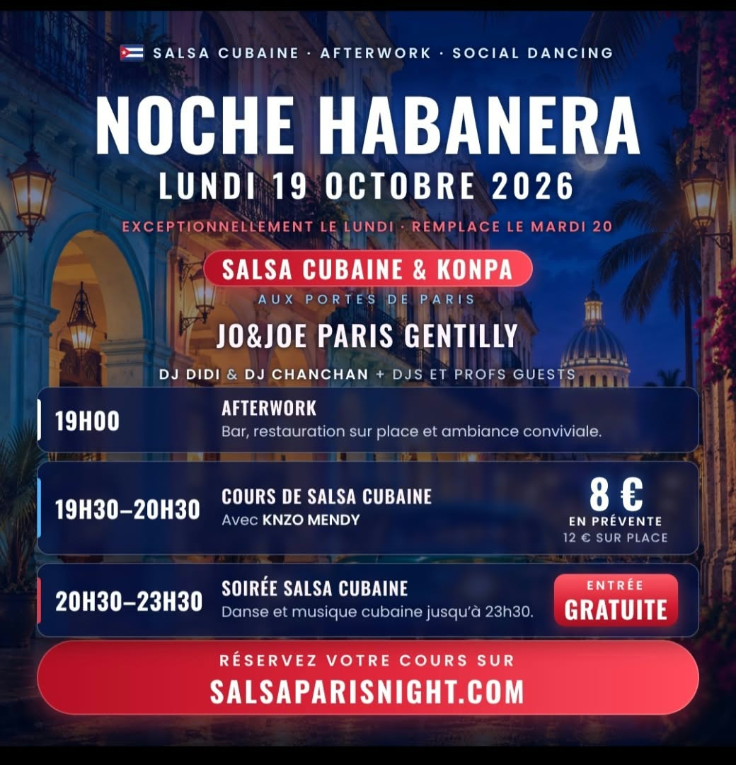 Affiche officielle Noche Habanera, lundi 19 octobre 2026, JO&JOE Paris Gentilly
