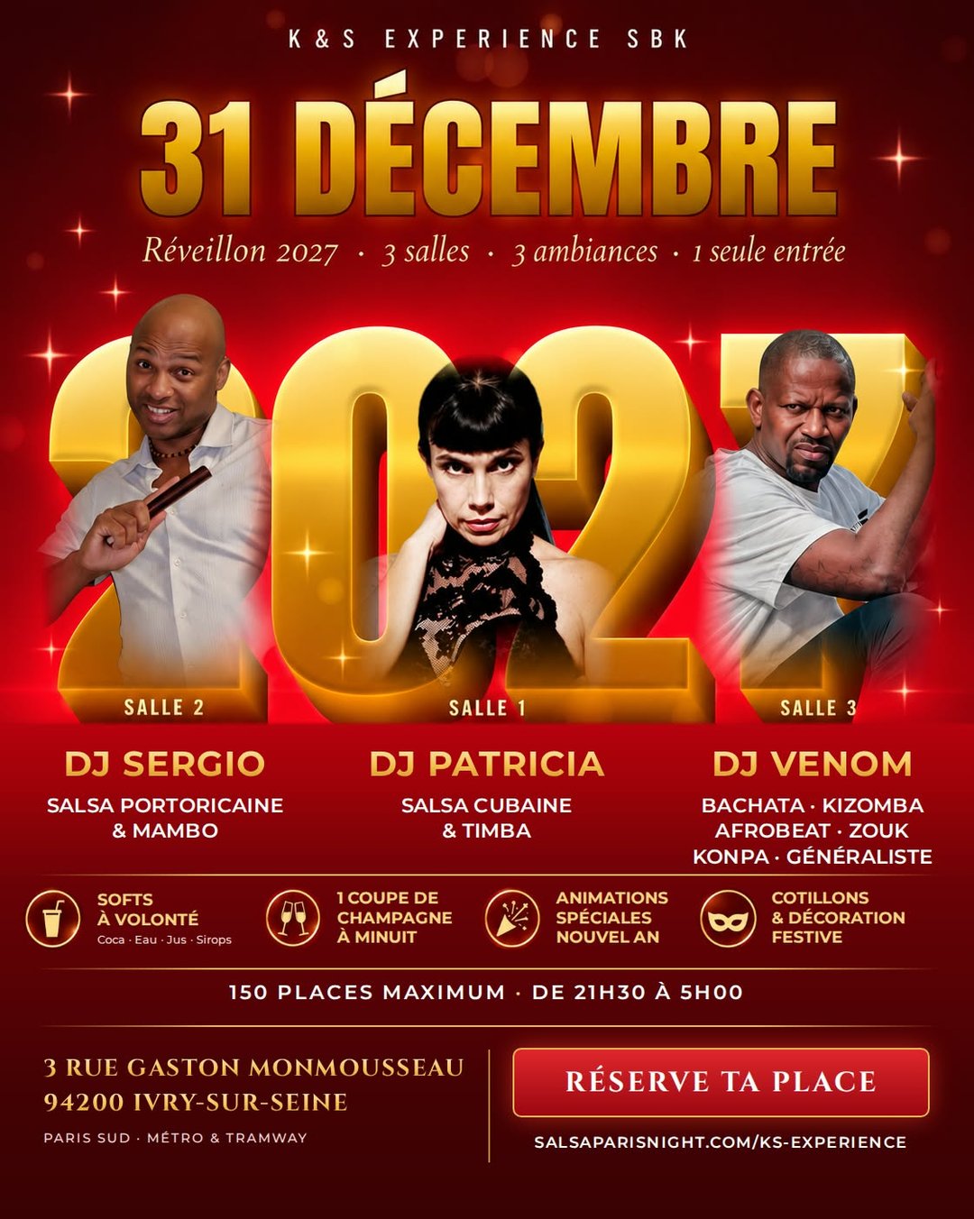 Flyer K&S Experience SBK — Réveillon du 31 décembre 2026, New Year 2027 : 3 salles, DJ Sergio, DJ Patricia, DJ Venom, GIET'STUDIO, 3 rue Gaston Monmousseau, Ivry-sur-Seine