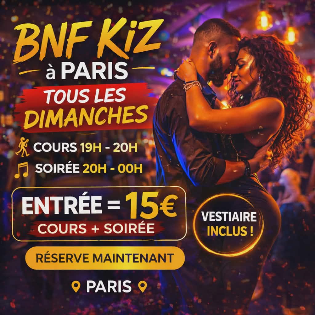 Soirée kizomba Paris BNF Kiz tous les dimanches cours et social